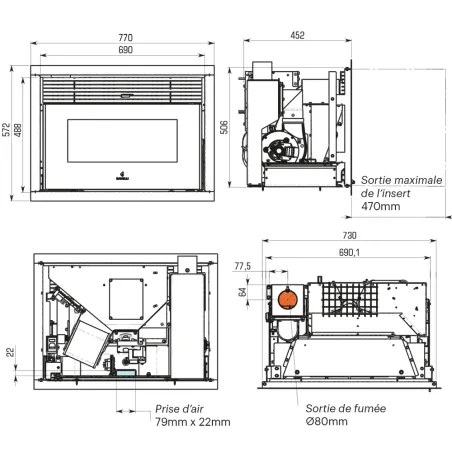 Insert à granulés Ravelli R 1000 Pro Puissance 9.5kW Sortie Fumée Supérieure