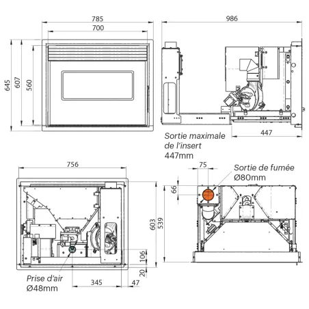 Insert à granulés ventilé Ravelli RBV 7010 Compact Puissance 10.2kW Sortie Fumée Supérieure