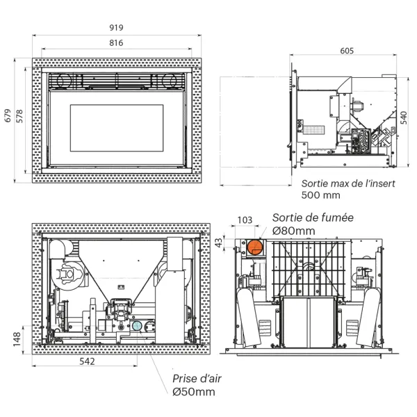 Insert à granulés canalisable Ravelli RCV 1000 Puissance 10.5kW Sortie Fumée Supérieure
