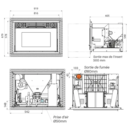 Insert à granulés canalisable Ravelli RCV 1000 Puissance 10.5kW Sortie Fumée Supérieure