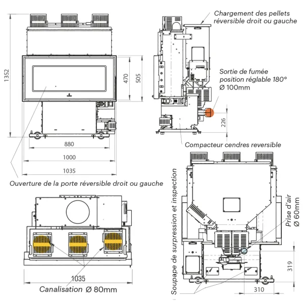 Insert à granulés canalisable Ravelli Magnus Puissance 16.2kW Sortie Fumée Postérieure