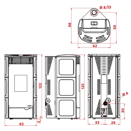 Poêle à granulés canalisable Palazzetti Ecofire Nadine TC 9 US Pro 2 Puissance 9kW  Sortie Fumée Coaxiale Ø8/13cm