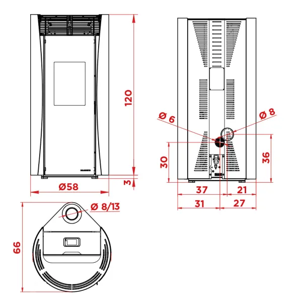 Poêle à granulés canalisable Palazzetti Vivienne TC 12 US Pro 2 Puissance 12kW Ecofire Sortie Fumée Coaxiale Ø8/13cm