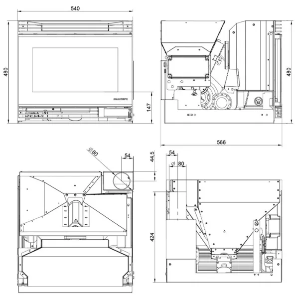 Insert à granulés Palazzetti Ecofire Small 54 T Puissance 5.7kW Sortie Fumée Supérieure