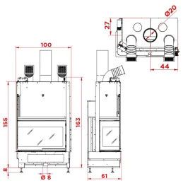 Cheminée à bois Palazzetti Ecomonoblocco WTX 80 Angolo Puissance 17.8kW Classe Énergétique A+ 2
