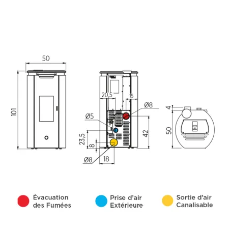 Poêle à granulés canalisable EK63 Tweed 90+ Evo Back Puissance 9.2kW Sortie Fumée Postérieure Ø8cm