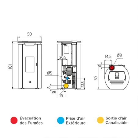 Poêle à granulés canalisable EK63 Tweed90+ Evo Top Puissance 9.2kW Sortie Fumée Supérieure Ø8cm
