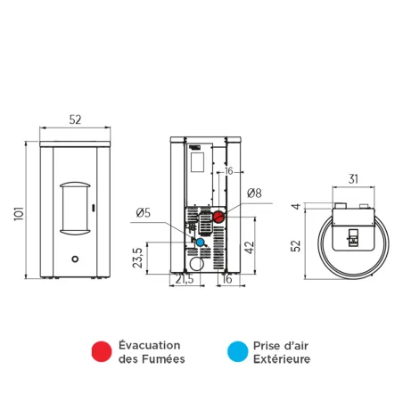 Poêle à granulés étanche EK63 Like Evo 80 Back Puissance 7.6kW Sortie Fumée Postérieure Ø8cm