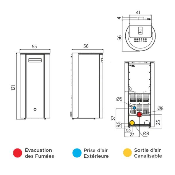 Poêle à granulés canalisable EK63 Spy 110+ Evo Back Puissance 10.5kW Sortie Fumée Postérieure Ø8cm