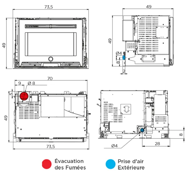 Insert à granulés EK63 Pellek 80 Evo2 Puissance 8kW Sortie Fumée Supérieure Ø8cm