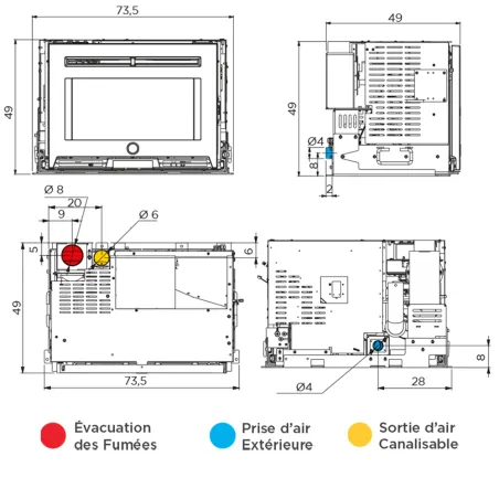 Insert à granulés canalisable EK63 Pellek 100+ Evo2 Puissance 10kW Sortie Fumée Supérieure Ø8cm
