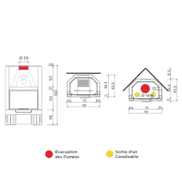 Foyer à bois canalisable EK63 Firek Evo 1 Frontale Puissance 14.2kW Sortie Ø 20cm 2