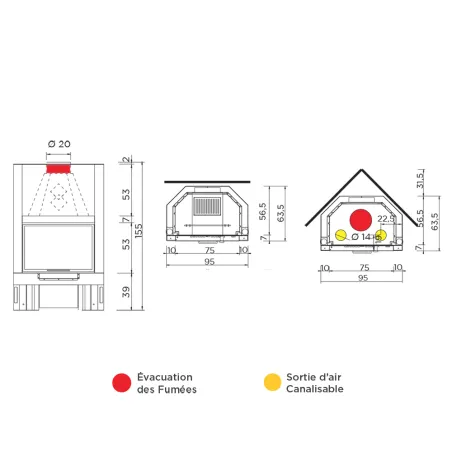 Foyer à bois canalisable EK63 Firek Evo 1 Frontale Puissance 14.2kW Sortie Ø 20cm