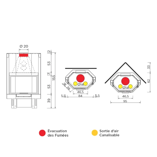 Foyer à bois canalisable EK63 Firek 3 Prismatico Puissance 15.2kW Sortie Ø 20cm