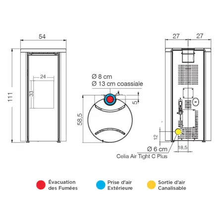Poêle à granulés canalisable Edilkamin Celia Air Tight C Plus Puissance 9.6kW Sortie Fumée Coaxiale Ø8/13 cm