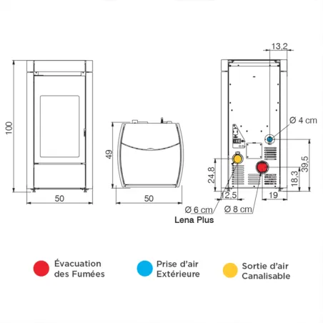Poêle à granulés canalisable Edilkamin Lena 9+ Evo Puissance 9.2kW Sortie Fumée Postérieure Ø8 cm
