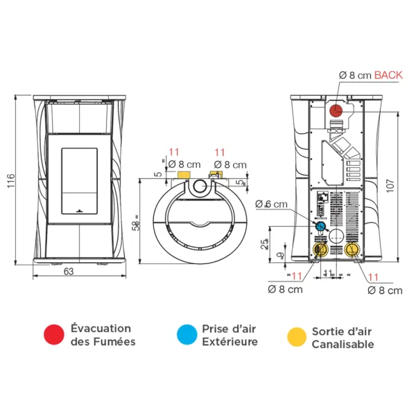 Poêle à granulés canalisable Edilkamin Cherie 11++ Evo Back Puissance 11kW Sortie Fumée Postérieure Ø8 cm