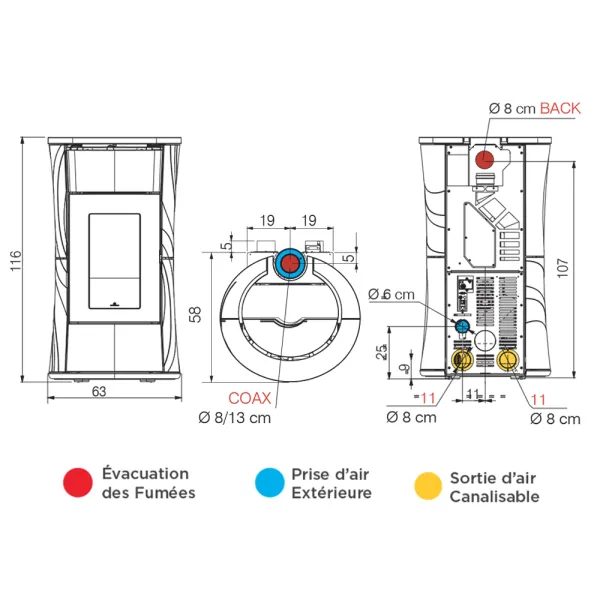Poêle à granulés canalisable Edilkamin Cherie 11++ Evo Coax Puissance 11kW Sortie Fumée Coaxiale Ø8/13 cm