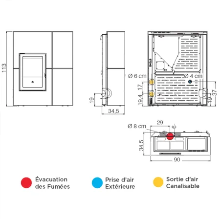 Poêle à granulés canalisable Edilkamin Blade 12++ Evo Puissance 12.1kW Sortie Fumée Supérieure Ø8 cm