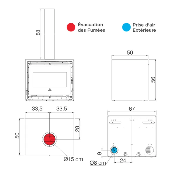 Insert à bois EDILKAMIN Bench 54 Evo Puissance 9.5kW Sortie Fumée Supérieure Ø15 cm