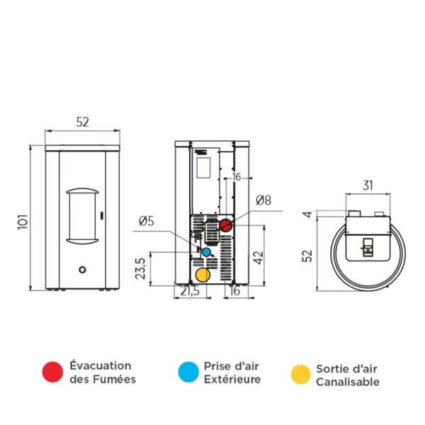 Poêle à granulés canalisable EK63 Like 90+ Evo Back Puissance 9.2kW Sortie Fumée Supérieure Ø8cm