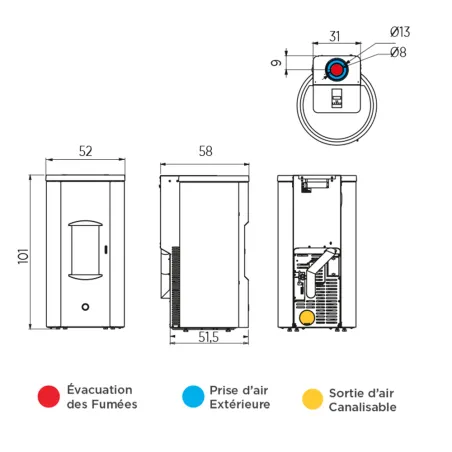 Poêle à granulés canalisable EK63 Like 90+ Evo Coax Puissance 9.2kW Sortie Fumée Coaxiale Ø8/13cm