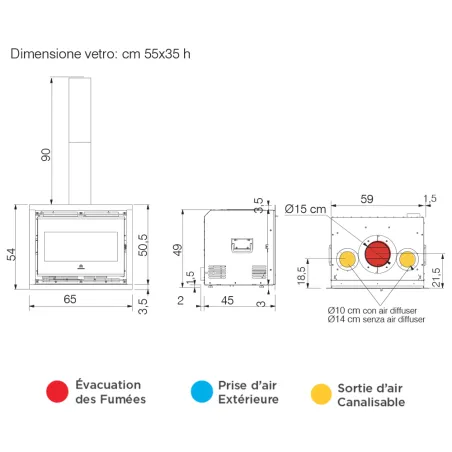 Insert à bois EDILKAMIN Firebox 54 Evo2 Puissance 9.5kW Sortie Fumée Supérieure Ø15 cm