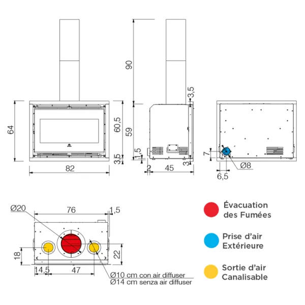 Insert à bois EDILKAMIN Firebox 60 Evo2 Puissance 12kW Sortie Fumée Supérieure Ø20 cm