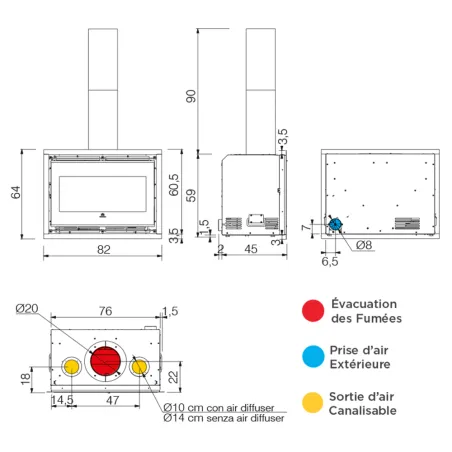 Insert à bois EDILKAMIN Firebox 60 Evo2 Puissance 12kW Sortie Fumée Supérieure Ø20 cm