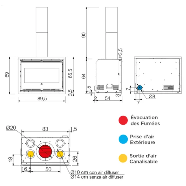 Insert à bois EDILKAMIN Firebox 65 Evo2 Puissance 13.2kW Sortie Fumée Supérieure Ø20 cm