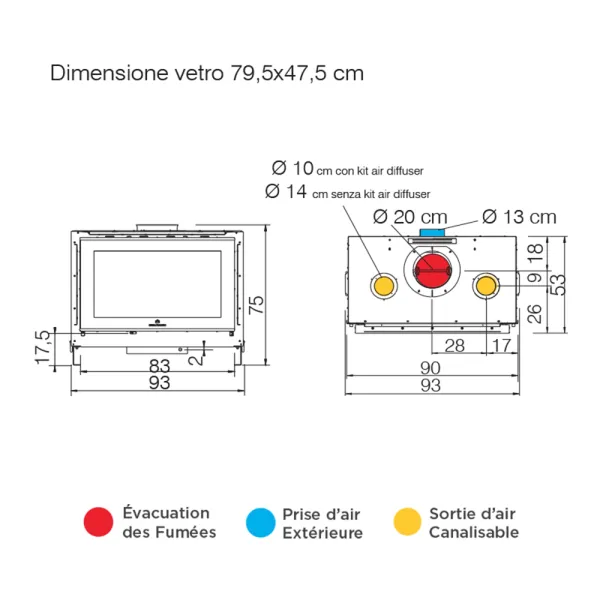 Cheminée à bois EDILKAMIN Screen Evo 80/2 Puissance 10.4kW Sortie Fumée Supérieure