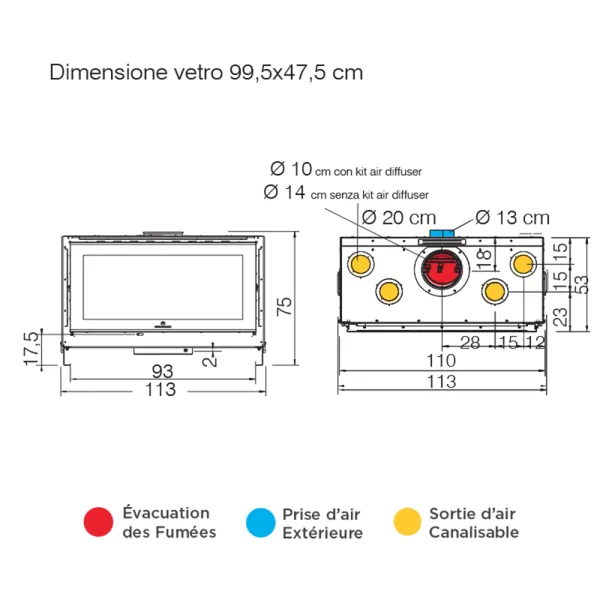 Cheminée à bois EDILKAMIN Screen Evo 100 Puissance 14.6kW Sortie Fumée Supérieure
