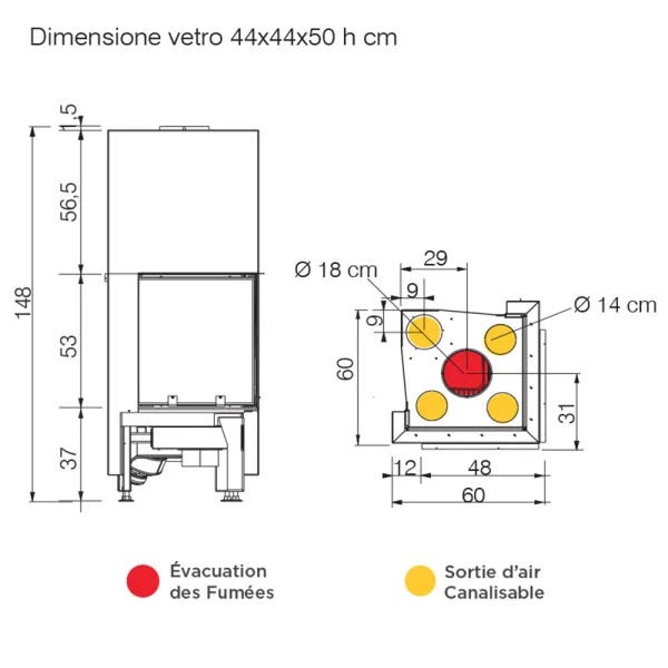 Cheminée à bois d'angle EDILKAMIN Windo2 50 Puissance 12.2kW Sortie Fumée Supérieure Ø18 cm