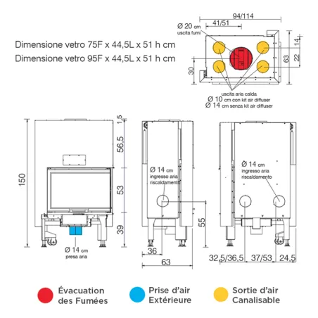 Cheminée à bois d'angle EDILKAMIN Windo2 75 Evo Puissance 15kW Sortie Fumée Supérieure Ø20 cm