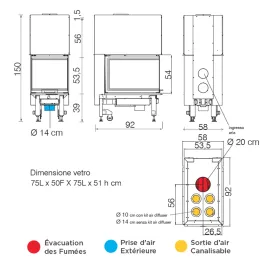 Cheminée à bois EDILKAMIN Windo3 50 Vitre sur trois côtés Puissance 13.2kW Sortie Fumée Supérieure Ø20 cm 2
