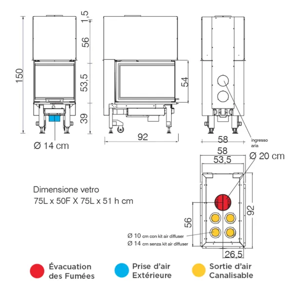 Cheminée à bois EDILKAMIN Windo3 50 Vitre sur trois côtés Puissance 13.2kW Sortie Fumée Supérieure Ø20 cm