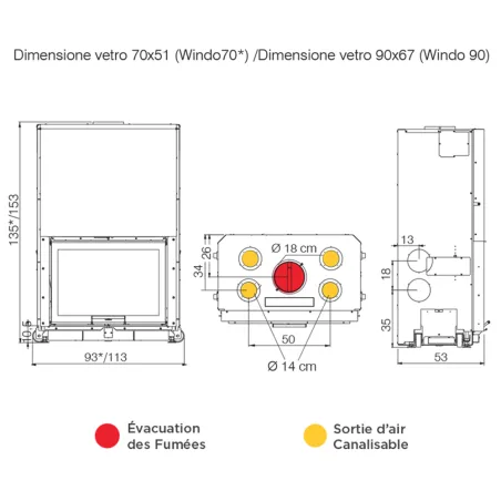 Cheminée à bois EDILKAMIN Windo 70 Evo Puissance 14.3kW Sortie Fumée Supérieure Ø18 cm