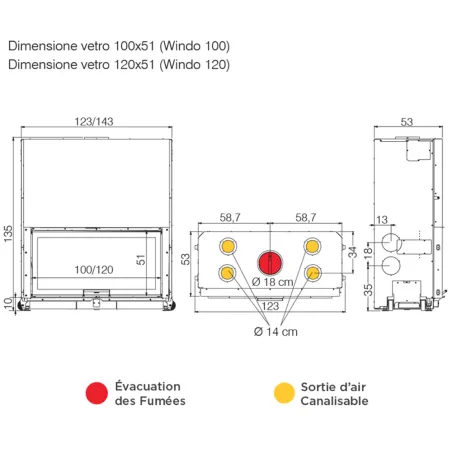 Cheminée à bois EDILKAMIN Windo 100 Evo Puissance 15kW Sortie Fumée Supérieure Ø18 cm