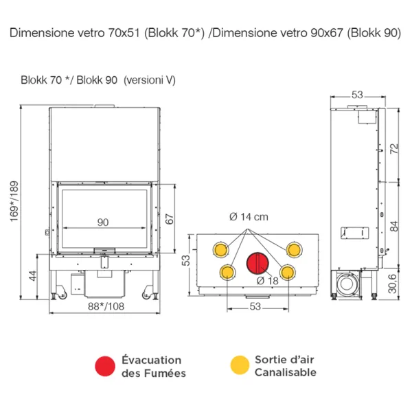Cheminée à bois EDILKAMIN Blokk 70 Evo Puissance 14.3kW Convection Naturelle Version N Sortie Fumée Supérieure Ø18 cm