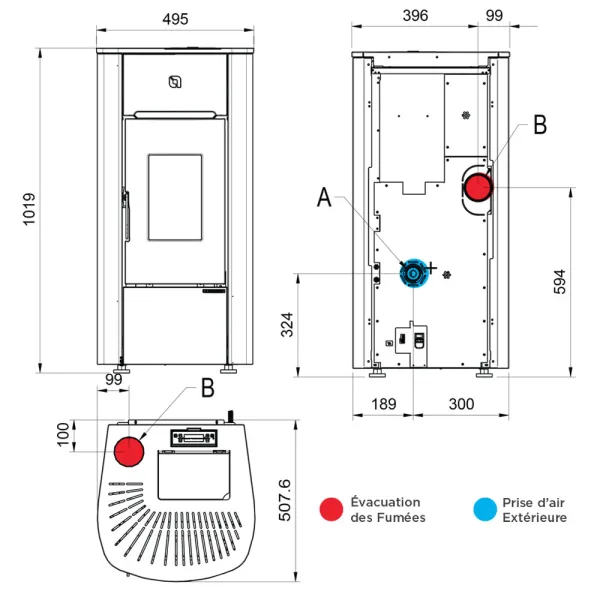 Poêle à granulés ventilé Extraflame Mariella Puissance 7kW Sortie Fumée Postérieure ou Supérieure