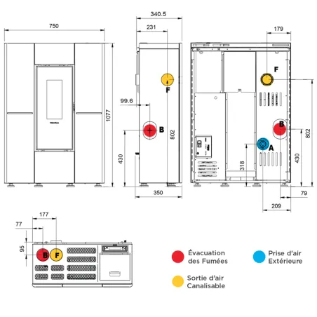 Poêle à granulés canalisable Extraflame Marilena Plus 5.0 Puissance 8.0kW Sortie Fumée Postérieure Supérieure ou Latérale