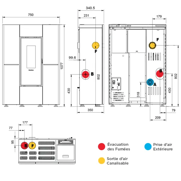 Poêle à granulés canalisable Extraflame Marilena Plus Crystal 5.0 Puissance 8kW Sortie Fumée Postérieure Supérieure ou Latérale