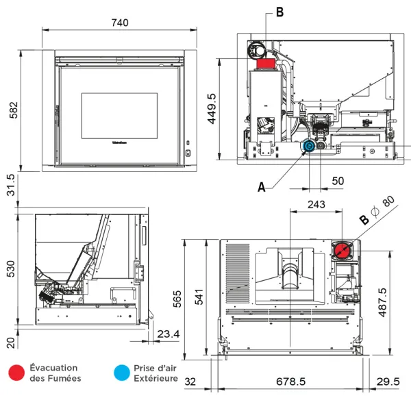 Insert à granulés ventilé Extraflame Comfort P70 5.0 Puissance 10.0kW Sortie Fumée Supérieure