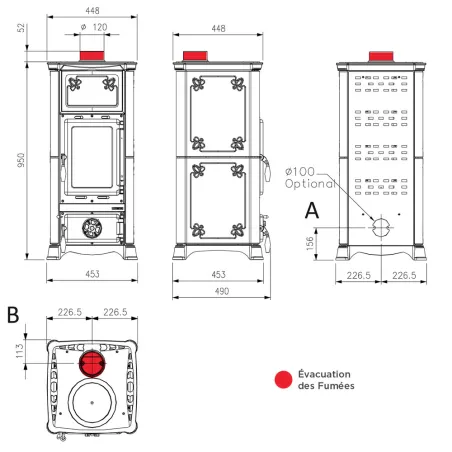 Poêle à bois La Nordica Emiliana Puissance 6.5kW Sortie Fumée Supérieure