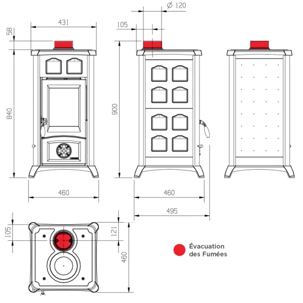 Poêle à bois La Nordica Gemma 5.0 Puissance 7kW Sortie Fumée Supérieure