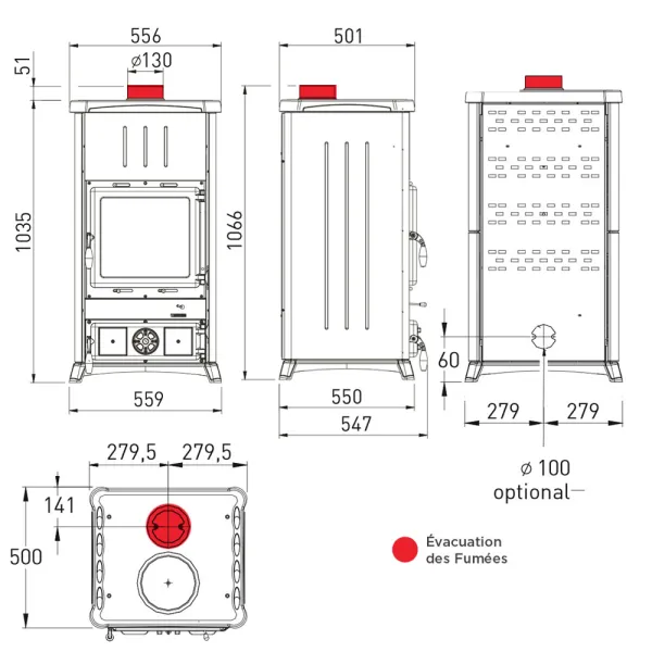 Poêle à bois La Nordica Fedora Steel Puissance 8.3kW Sortie Fumée Supérieure