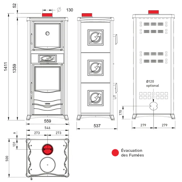 Poêle à bois La Nordica Rossella Plus Forno 5.0 Puissance 9.4kW Sortie Fumée Supérieure