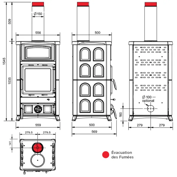 Poêle à bois La Nordica Concita 2.0 Puissance 11.8kW Avec récupérateur de chaleur Sortie Fumée Supérieure