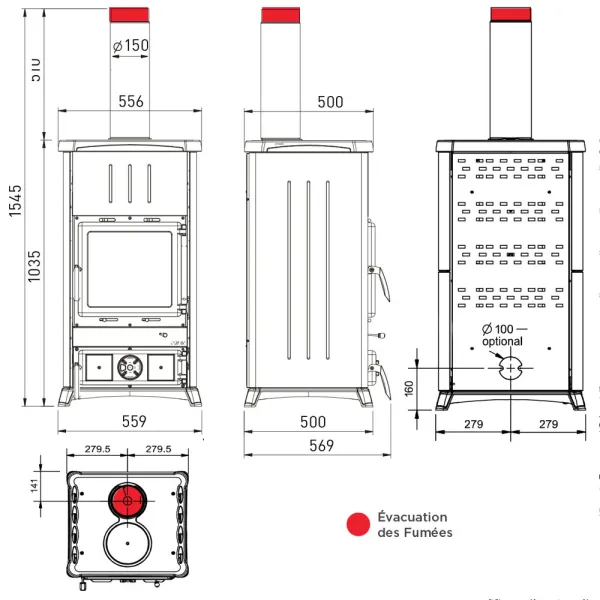 Poêle à bois La Nordica Concita 2.0 Steel Puissance 11.8kW Avec récupérateur de chaleur Sortie Fumée Supérieure