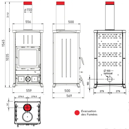 Poêle à bois La Nordica Concita 2.0 Steel Puissance 11.8kW Avec récupérateur de chaleur Sortie Fumée Supérieure